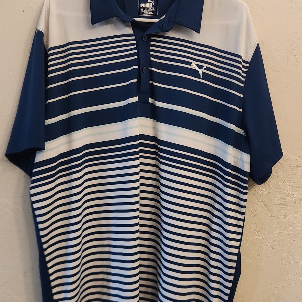 Puma Blue and White Polo Shirt with Stripes